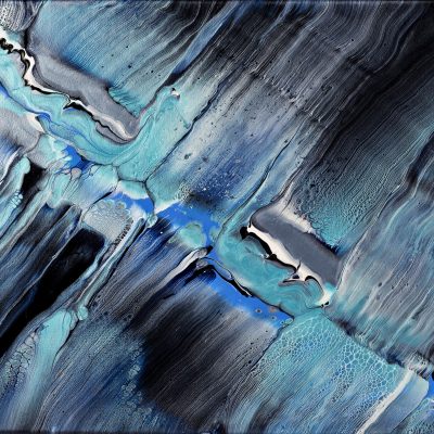 Abstract blue and black fluid art on canvas with textured patterns