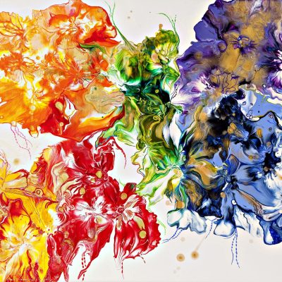 Vibrant abstract painting with red, orange, green, blue, and purple swirls resembling flowers